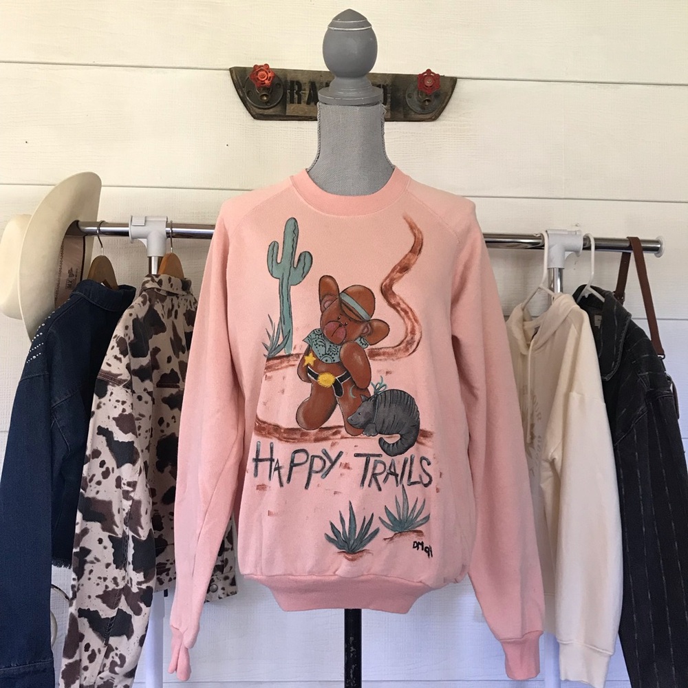 Hand Painted Western Themed Crew Neck Pink Sweater Women Size Medium